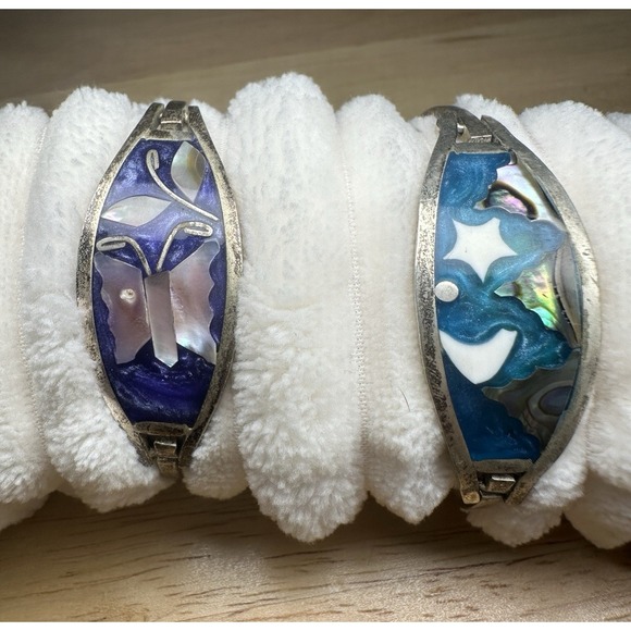 The Unbranded Brand Jewelry - 2 Vintage Alpaca Mexico Small Size 5.5" Purple Teal Abalone‎ MOP Inlay Bracelets